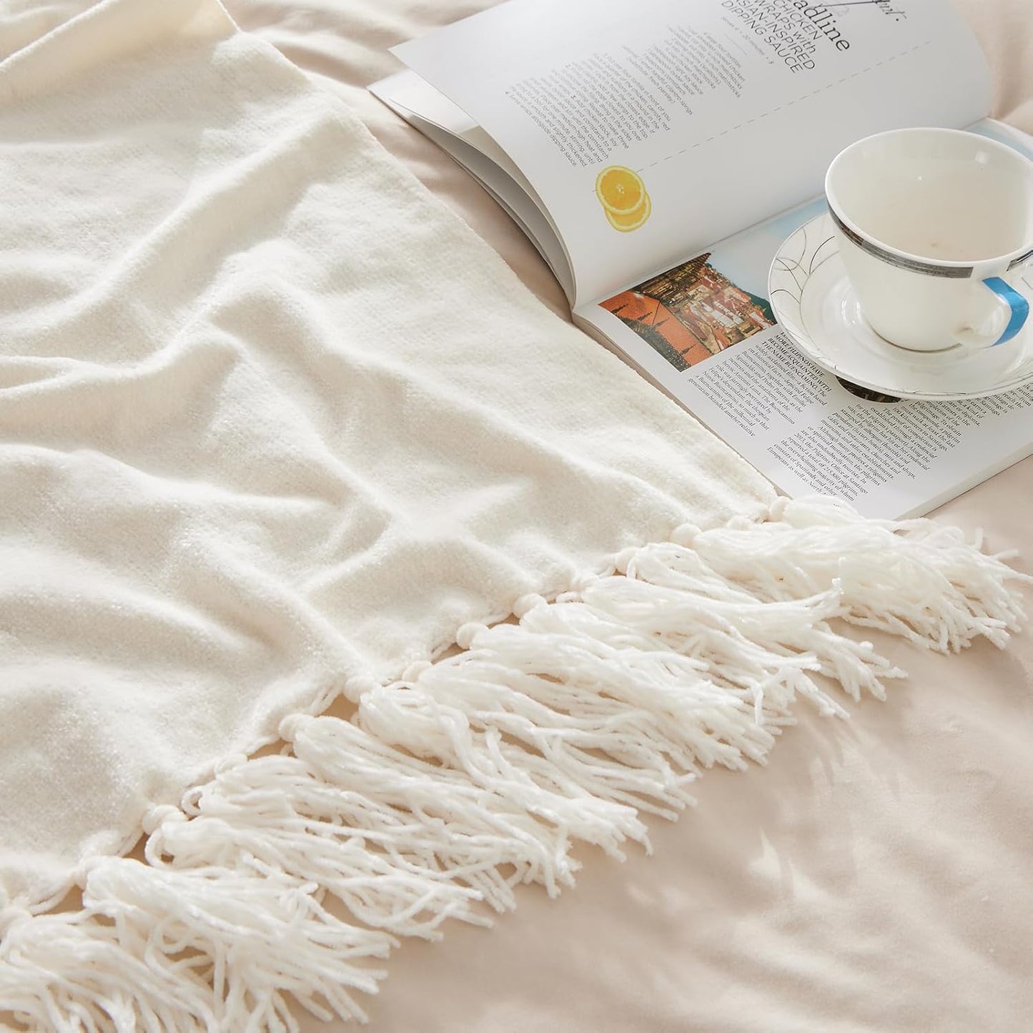 CozeCube Chenille Throw Blanket for Couch, Cozy Plush Fuzzy Decorative Cream White Blanket with Fringe Tassels, Lightweight Throws for Bed Sofa Gift Home Decor, 60"X80"