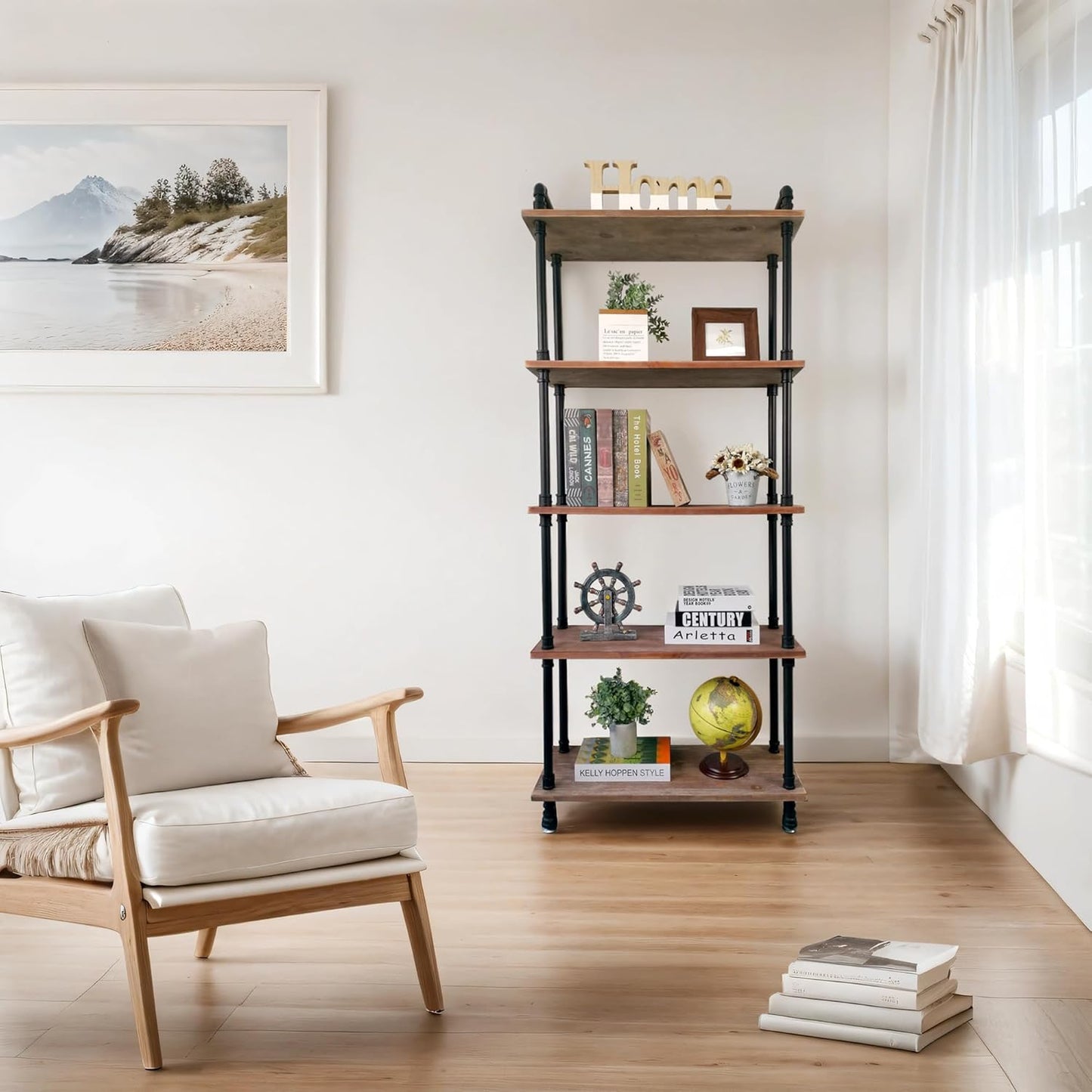 Industrial Bookshelves, Wood Pipe Bookshelf, 5 Shelf Rustic Display Storage Tall Standing Shelf Bookcase for Living Room, Kitchen, Office (Weathered Brown, 29.5" L x 11.8" W x 70" H)