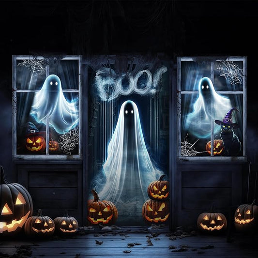 Tioncy 3 Pcs Halloween Window Door Covers Decorations Set Ghost Scary Halloween Window Curtains Boo Spider Web Pumpkin Pattern Banner Porch Indoor Outdoor Decoration