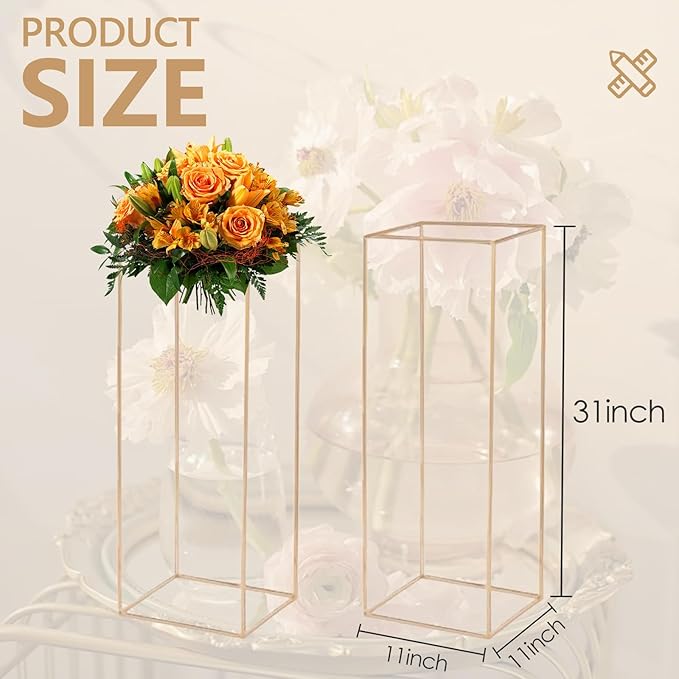 2 Pcs Gold Flower Stand ,Metal Flower Floor Vase Column Geometric Centerpieces Flower Stand for Tables 80cm/31.5in - Wedding & Event Decoration, Home, Party