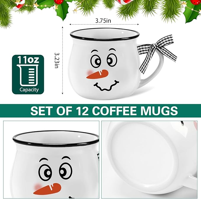Zubebe Christmas Coffee Mugs Set of 12, 12 oz Hot Cocoa Ceramic Holiday Mugs Set for Mom, Woman, Family, Friend - Farmhouse Tiered Tray Decor, Coffee Bar Decor (White,Snow Man)