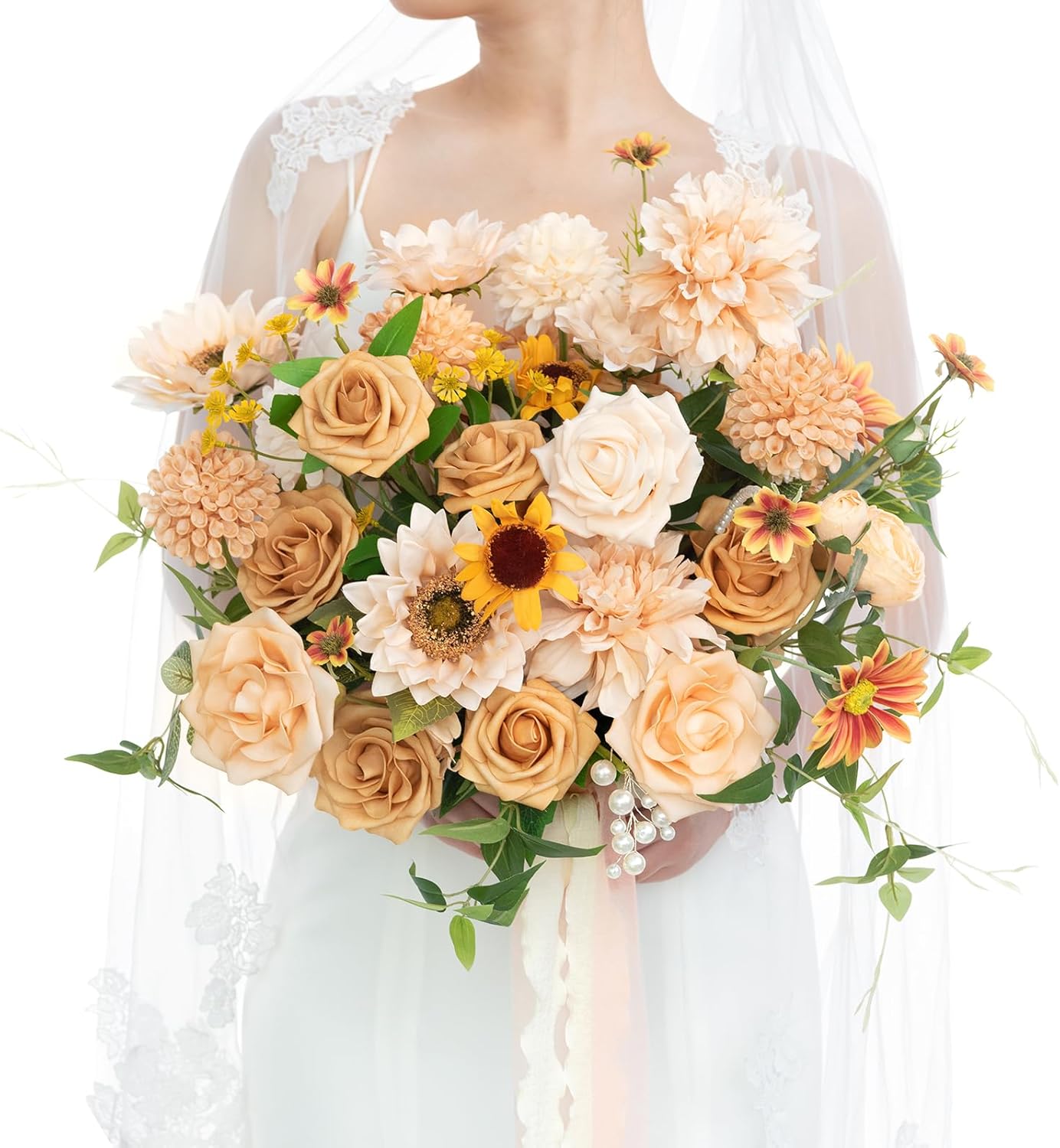Ling's moment Sunflower Bridal Bouquet, Orange Wedding Bouquets for Bride, 15 Inch Silk Free Form Bridal Bouquets Artificial Wedding Flower Bouquet