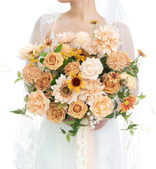 Ling's moment Sunflower Bridal Bouquet, Orange Wedding Bouquets for Bride, 15 Inch Silk Free Form Bridal Bouquets Artificial Wedding Flower Bouquet