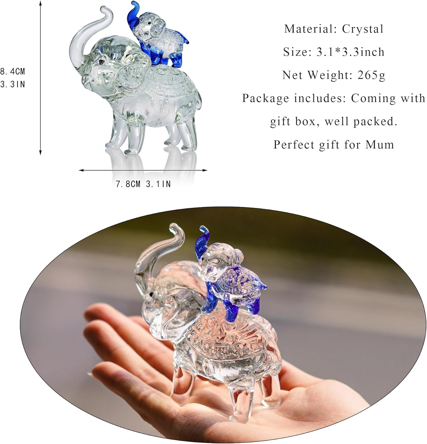 Crystal Elephant Figurines Mother Son Glass Elephants with Trunk Up Crystal Animal Collectible Figurines Ornaments Birthday for Mum Women Tabletop Decoration for Home Office