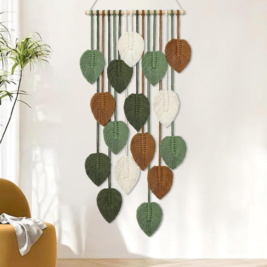 KHOYIME Vertical Macrame Wall Hanging Boho Home Decor, Long Narrow Chic Wall Art Bohemian Woven Leaves Tapestry Vintage Decorations for Front Door Indoor Entrance Living Room Bedroom 16.5"W x 37.5"L