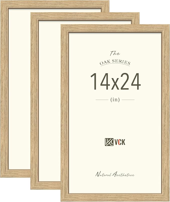 VCK 14x24 Picture Frame Set of 3 - Oak, Natural Solid Wood, Exclusive Wood Grain Poster Frame, Wall Hanging