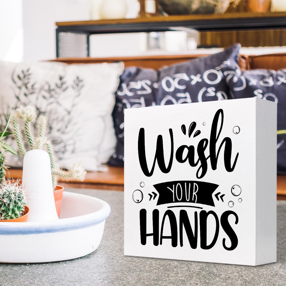 Funny Bathroom Wooden Box Sign,Wash Your Hands Bathroom Wood Block Plaque Sign for Home Restroom Shelf Wall Toilet Decor