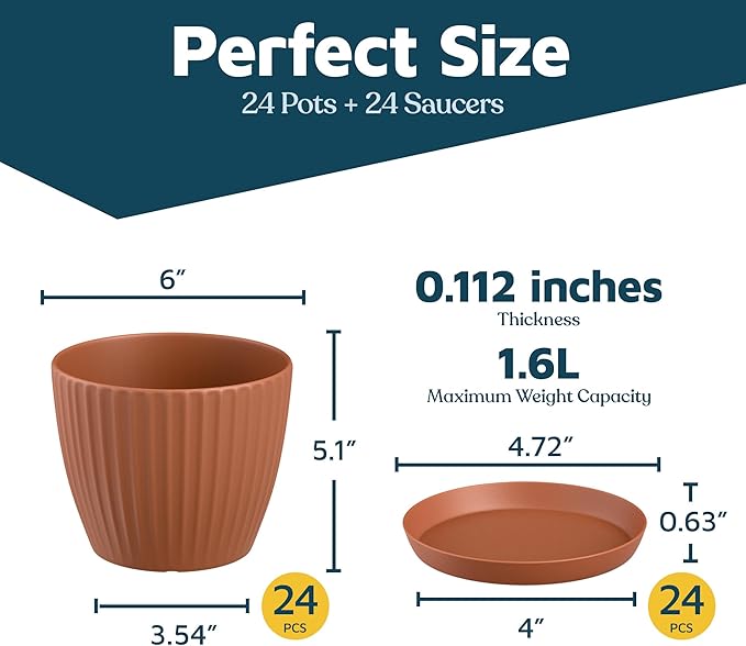 Terracotta 6-Inch Plant Pots with Drainage & Saucers 24 Pack, Indoor & Outdoor Planters for Houseplants, Herbs, and Flowers, Durable & Weatherproof Material, Stackable, Lightweight, Minimalist Design