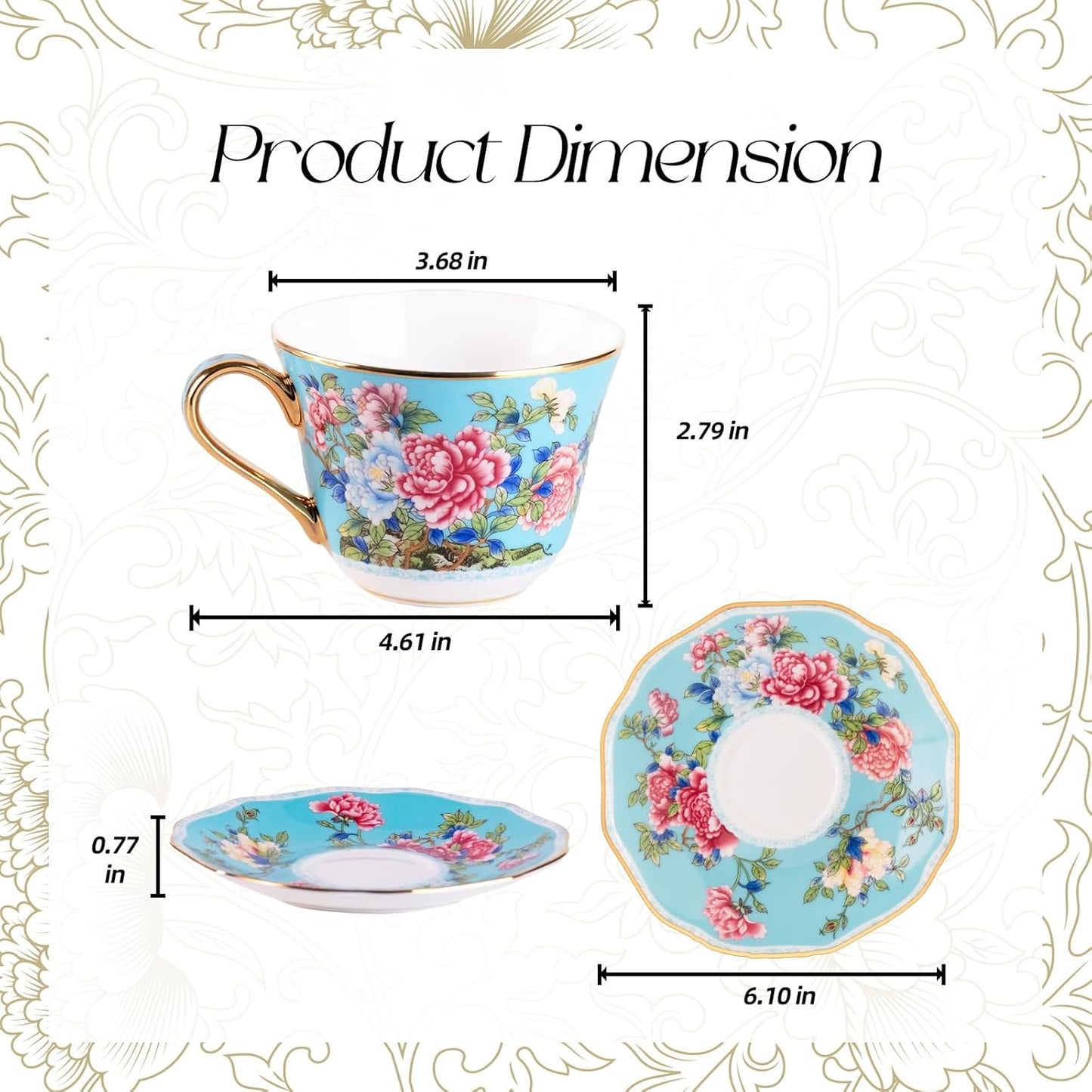 KAMMAK Ceramic Coffee Cups and Saucers Set of 2, Porcelain Espresso Cups with Saucers, 7oz Handcrafted Ceramic Floral Coffee and Tea Cup, Vintage Drinkware for Tea Party, Office, Women Gifts