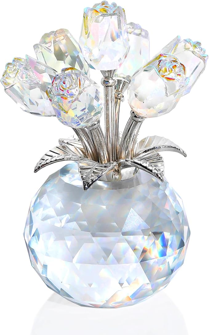 Ornalrist Crystal AB-Color Rose Bouquet Flower with Vase Figurine Decor, Roses Floral Collectible Romantic Gifts for Her, Wife, Mom on Valentine's Christmas Anniversary Mother's Day