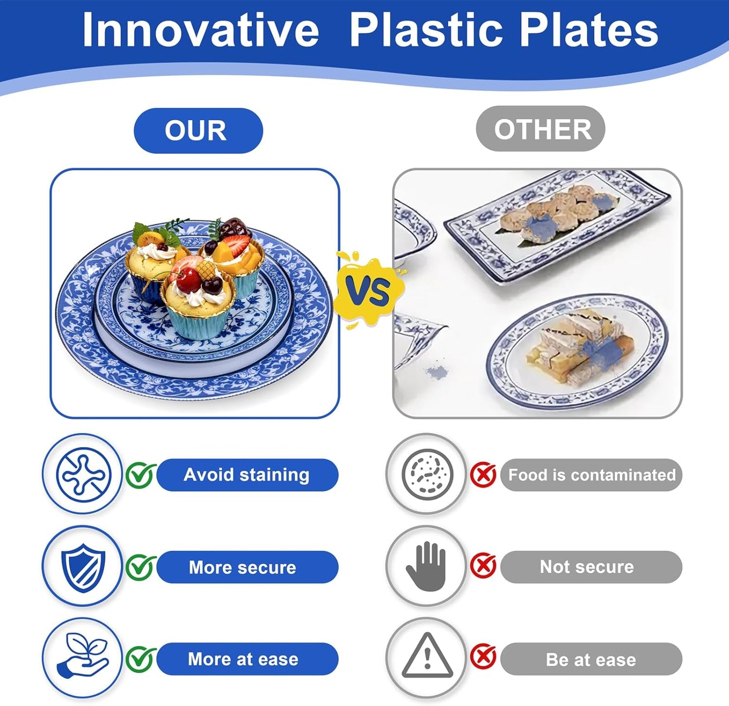 Hioasis 60pcs Blue Plastic Plates Set - Floral Blue & White Porcelain Design, 10.25" Dinner & 7.5" Dessert Plates Disposable for Wedding/Party (Dishwasher Safe, Art Style)