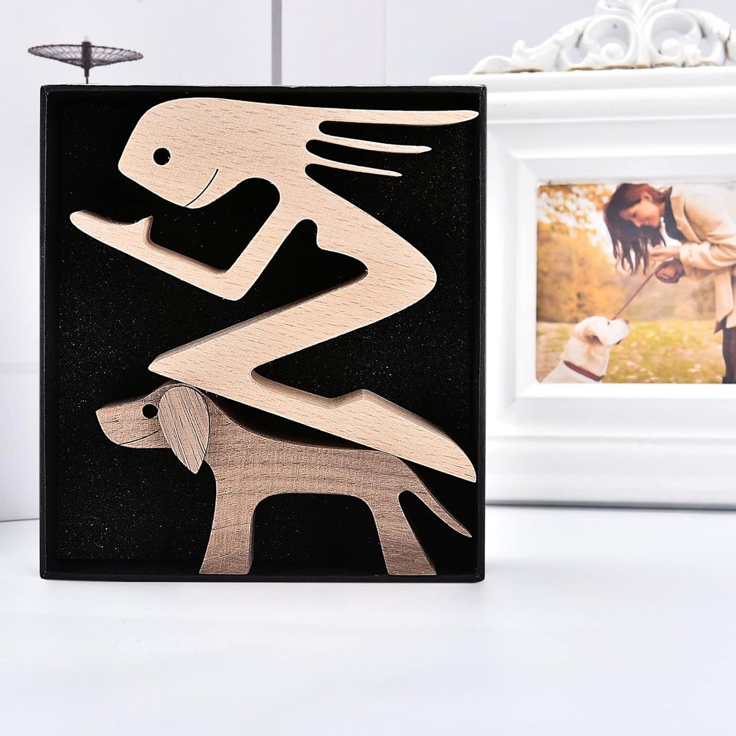 ISHINE Handmade Wooden Dog Gift, Wooden Carving Dog Statue for Home, Office, Living Room