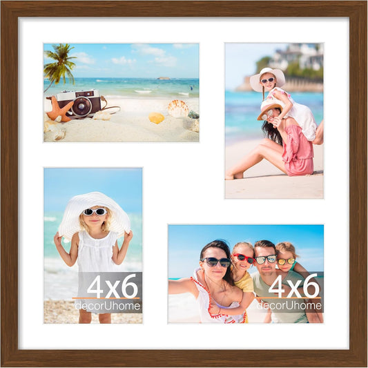 decorUhome 12x12 Picture Frames Collage Wall Decor, Display 4Pcs 4x6 Photos with Mat or 1Pcs 12x12 Unmatted, 4 4x6 Collage Picture Frames for Wall Mounting, Brown