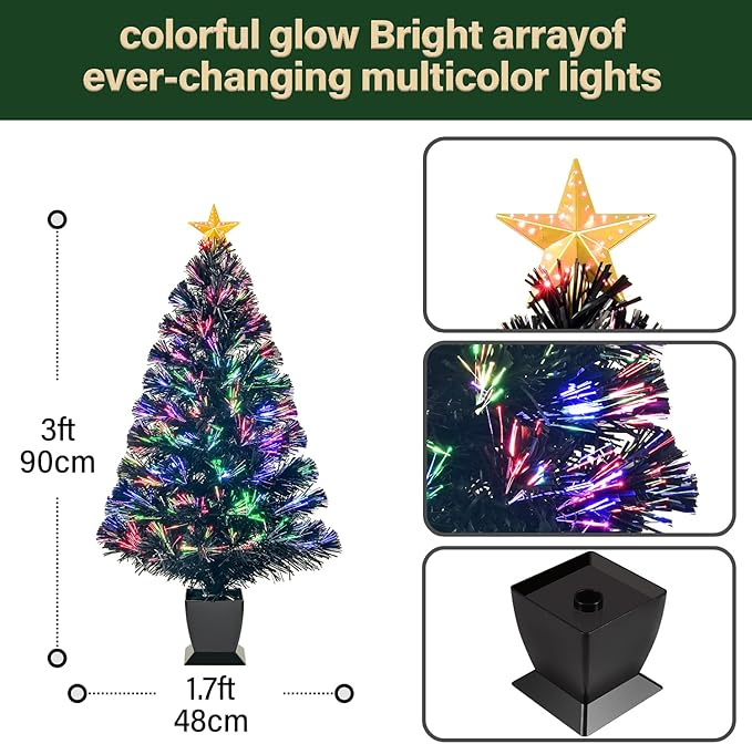 3ft Black Fiber Optic Christmas Tree,Pre-Lit Artificial Mini Christmas Tree, Tabletop Small Xmas Tree with Stars Holiday Home Decorations