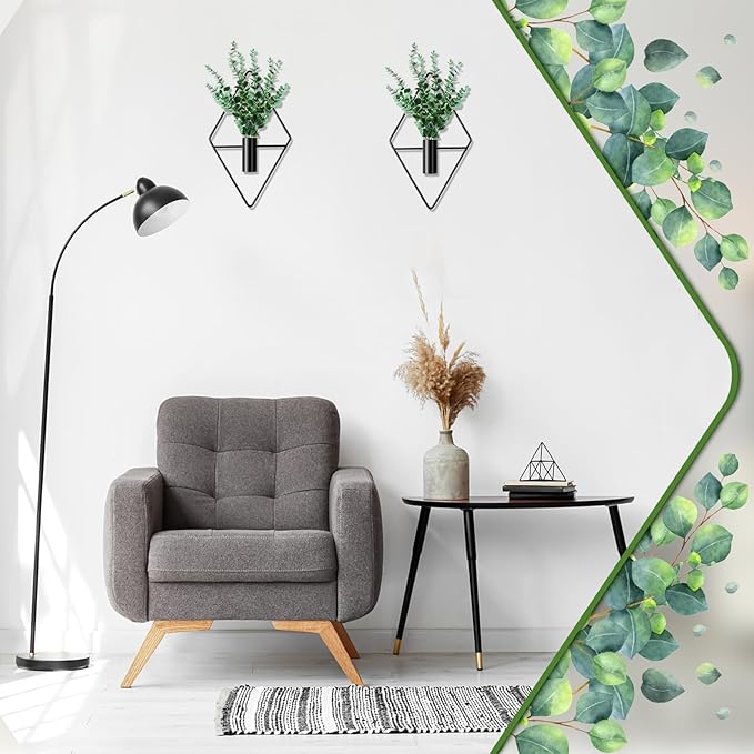 2 Pieces Wall Decor Hanging Planters with Artificial Plants Metal Hanging Vase Indoor Plants Holder Modern Boho Wall Art for Bathroom Bedroom Living Room Decor(Black,Eucalyptus)