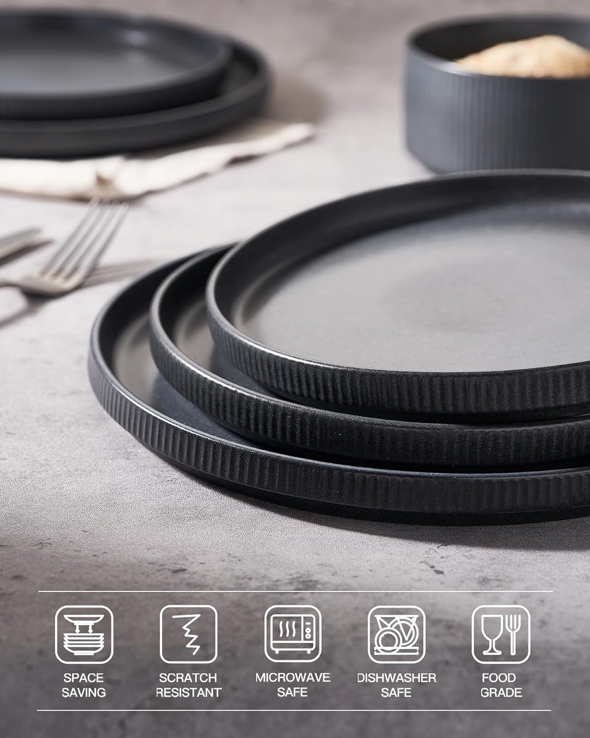 famiware Star Salad Plates for 6, 8 inches Plate Set, Stoneware Dinnerware, Small Dinner Plates for Dessert, Salad, Appetizer, Matte Dark Charcoal (Full Glaze)