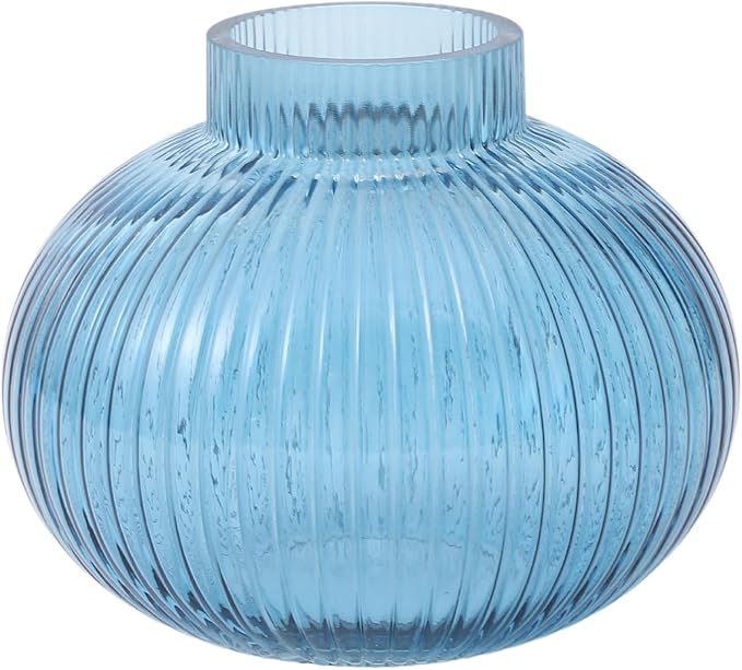 Blue Glass Vase for Tulips, Ribbed Glass Vase for Flowers, Round Flower Vases, Small Short Vases for Living Room, Office, Coffee Table, Shelf, Wedding, 6 Inches