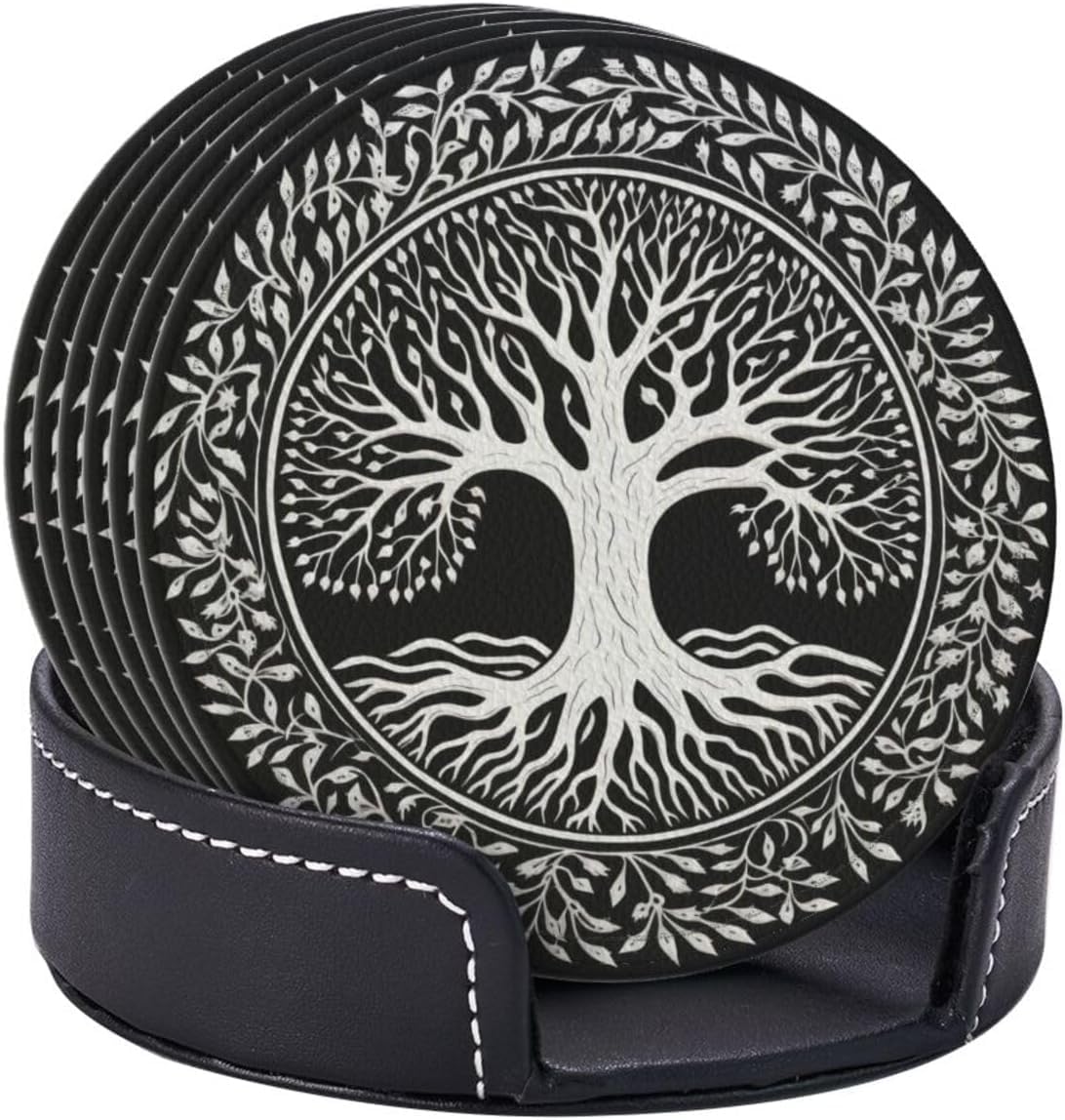 Drink Coasters with Holder Stand Set of 6, Tree of Life Stamp Pu Leather Absorbent Coasters with Cork Base Table Coaster Round for Housewarming Apartment Kitchen Bar Decor
