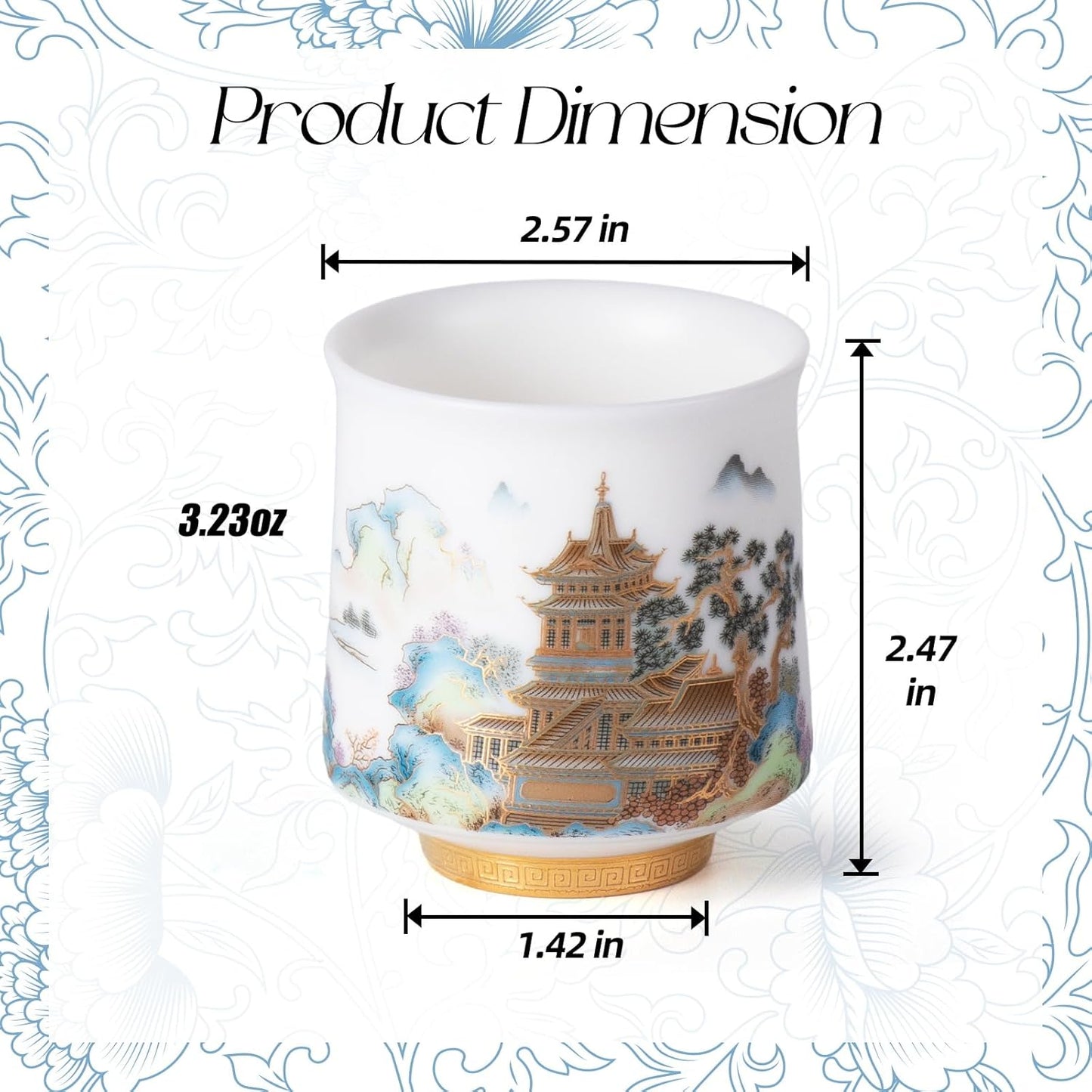 KAMMAK Ceramic Tea Cups Small, Cute Vintage Coffee Cup Set of 2, Porcelain Teacups Espresso Mug, 3.2oz Hand Painted Chinese Afternoon Tea Party Mugs, Birthday Gift for Women Men, Spring Wealth