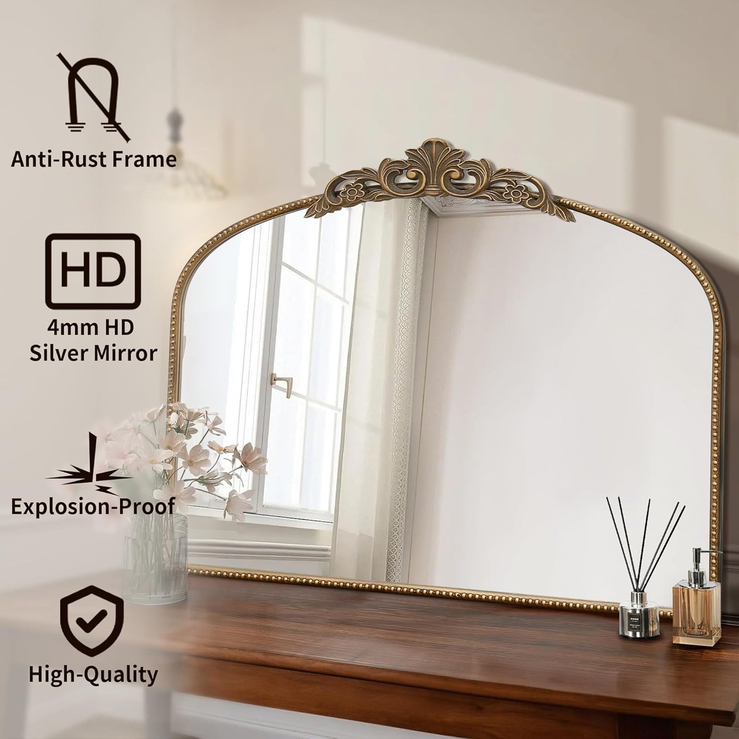 Micasso Large Gold Antique Mirror: 40"x 30" French Baroque Arched Mirror - Traditional Ornate Vintage Mirrors for Wall/Mantel/Entryway/Bathroom/Hallway - Home Decor for Living Room