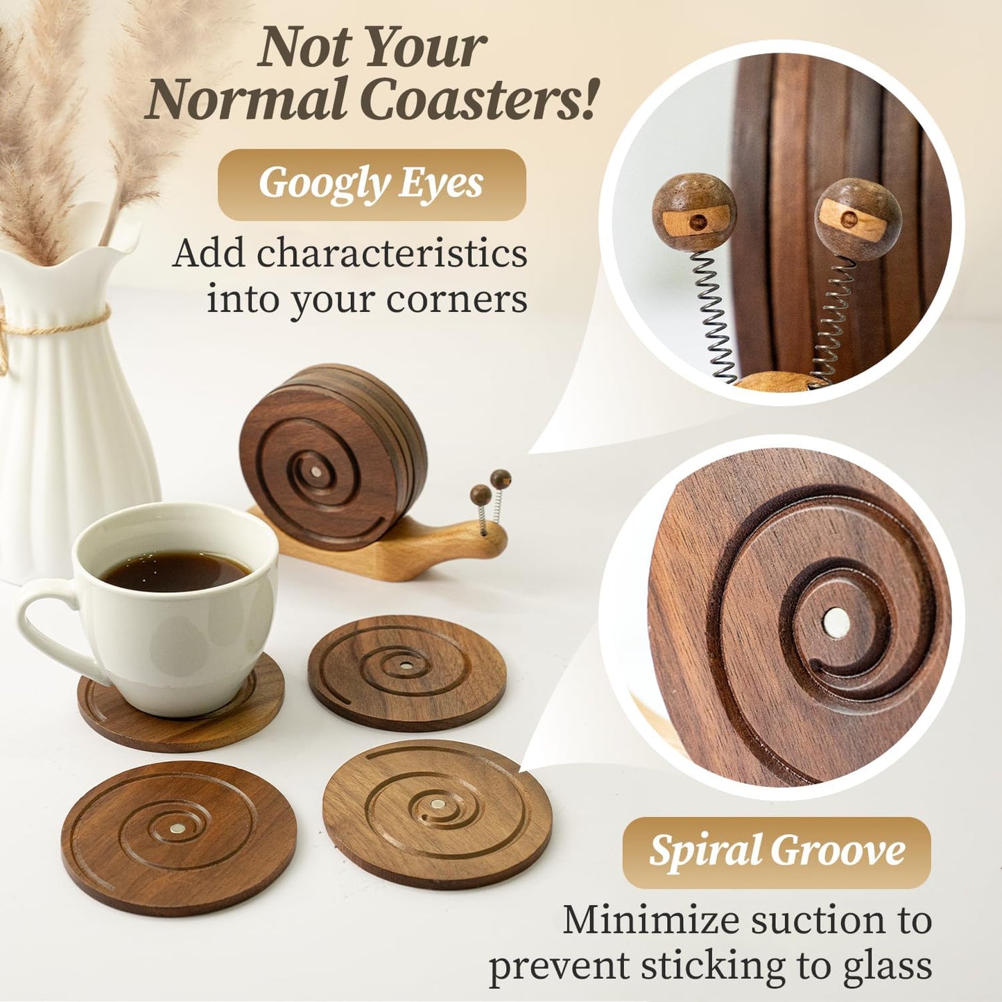 Creative Handcrafted Snail Coaster Holder for Drinks, Premium Walnut Wood Coasters Set of 6 - Unique Nature Inspired Decor for Coffee Table, Fun Housewarming Gifts & Tabletop Organizer.