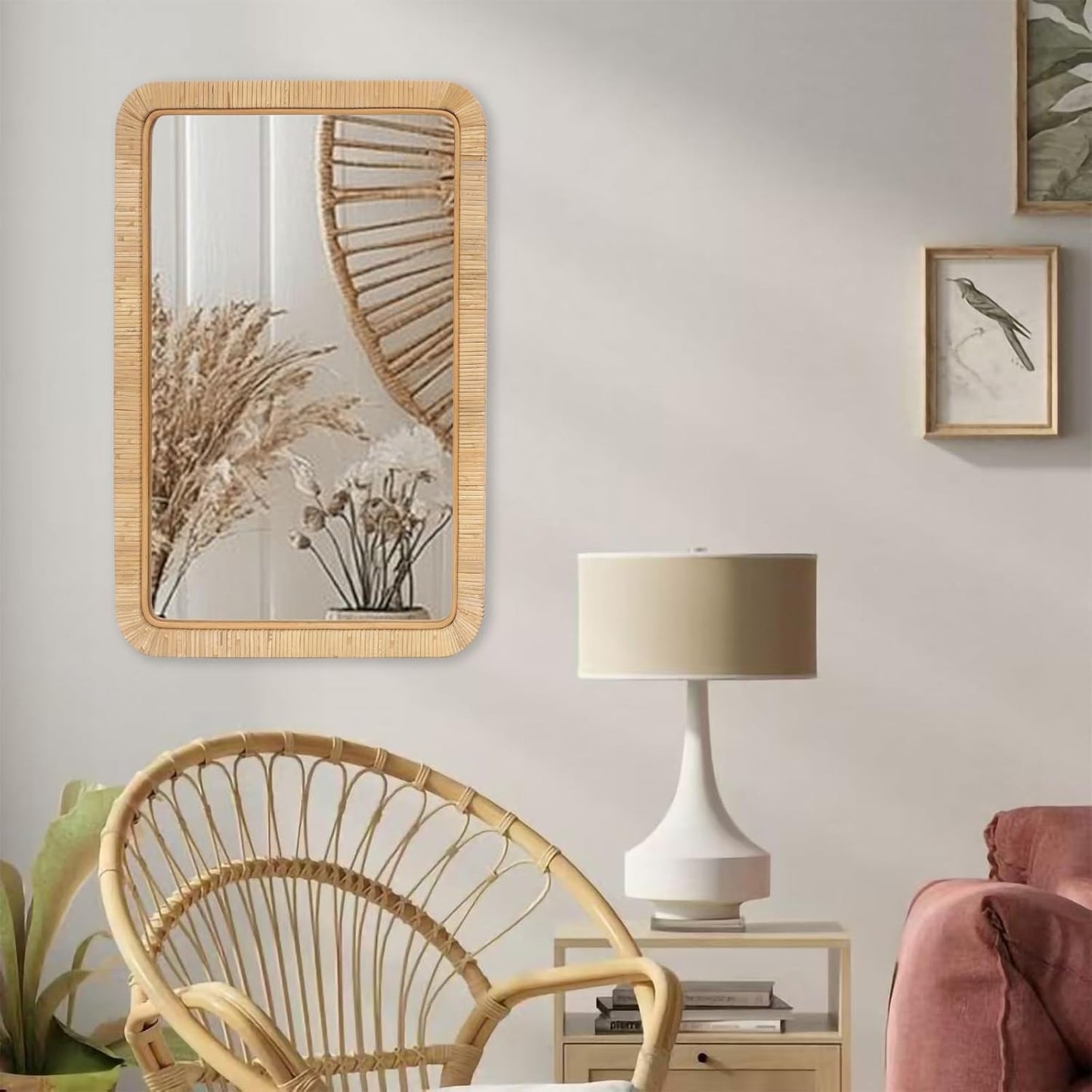 FUIN 20" x 30" Rattan Wicker Rectangle Wall Mounted Bathroom Mirror for Coastal Boho Nursery Decor, Natural