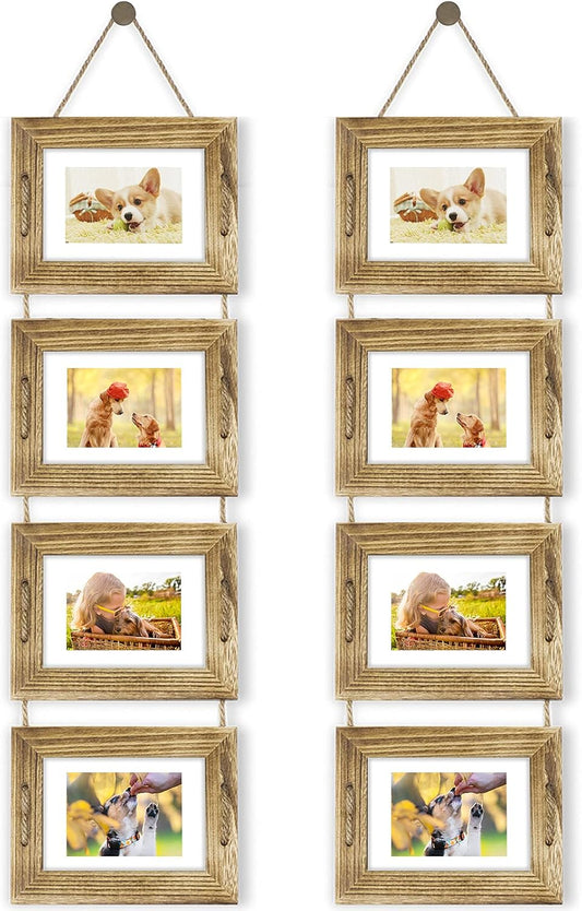 DLQuarts 5x7 Hanging Collage Picture Frames Wall Decor, 4-Opening 5x7 Matted to 3.5x5 Photo Rustic Wood Frame with Hemp Rope, 2 Pack, Carbonized Brown