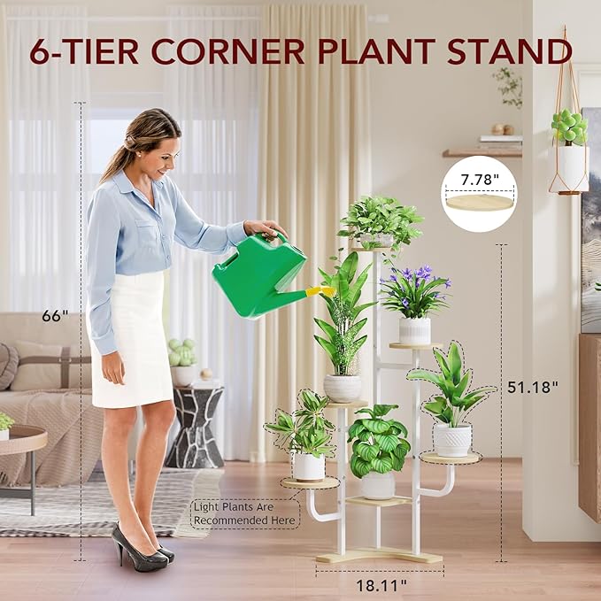 Corner Plant Stand with Grow Light - 6 Tier Plant Stand Indoor Round Metal Plant Shelf with Adjustable Light, Plant Organizer for Living Room, Graden, Home Decor (Maple)