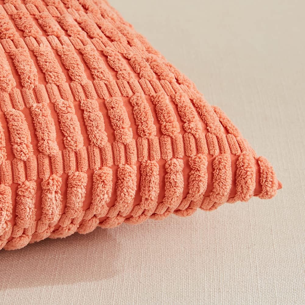 Fancy Homi 4 Packs Boho Coral Decorative Throw Pillow Covers 14x14 Inch for Living Room Couch Bed Sofa, Rustic Modern Farmhouse Home Decor, Soft Plush Corduroy Peach Cute Square Cushion Case 35x35 cm