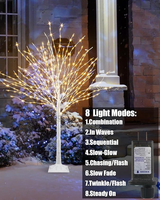 4 FT Lighted Birch Tree Artificial White Tree with 432 LED Timer Outdoor Artificial Trees for Christmas Festival Patio Home Indoor Decor