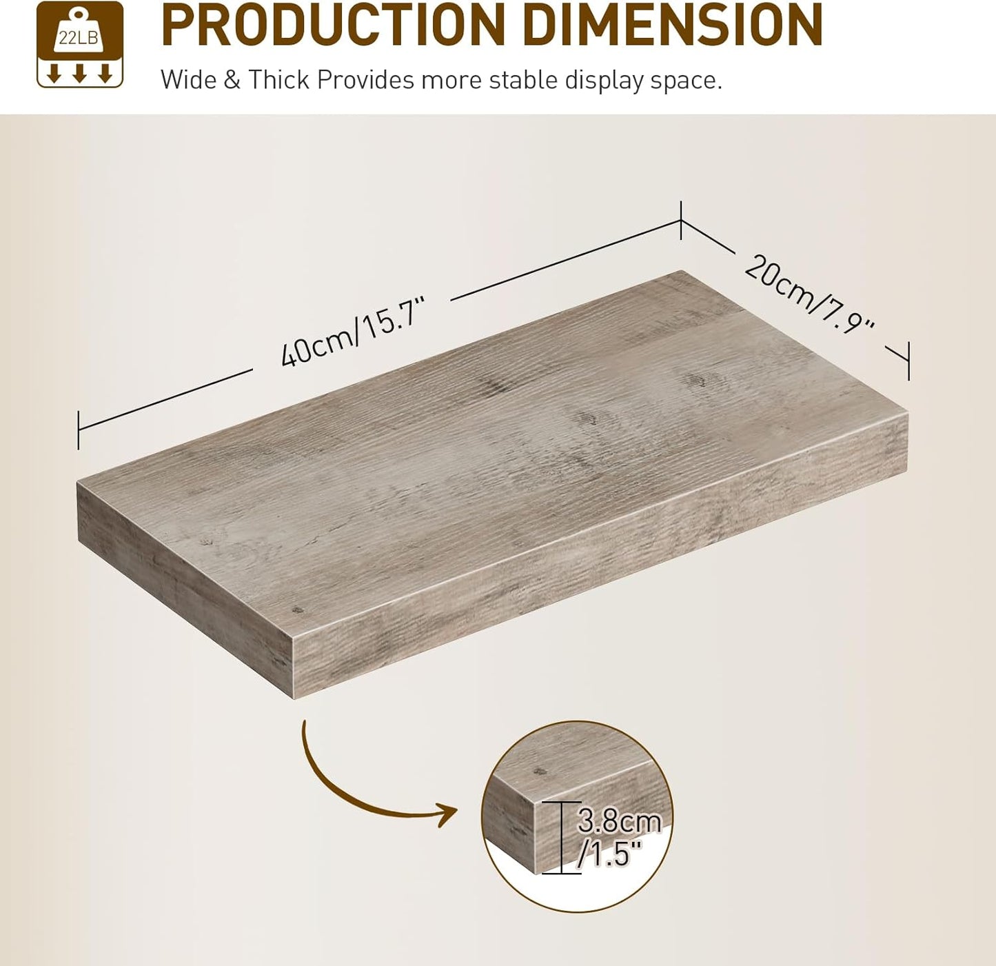 Floating Shelves for Wall, 1.5" Thick Wall Shelf Set of 3 with Invisible Brackets, 15.7L x 7.9W Hanging Book Shelves Farmhouse Home Decor for Bathroom, Living Room, Bedroom, Greige 4301BJP3BG