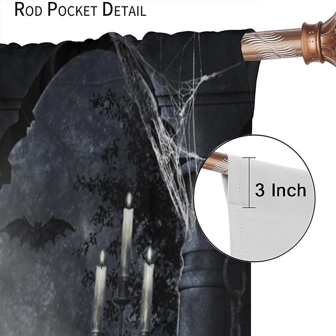Halloween Blackout Curtains，Candle Skull in Weird Dark Scary Balcony Under Bright Moonlight Pattern Drapes Window 2 Panel Rod Pocket Curtain for Bedroom Living Room Decor 21" W X 45" L