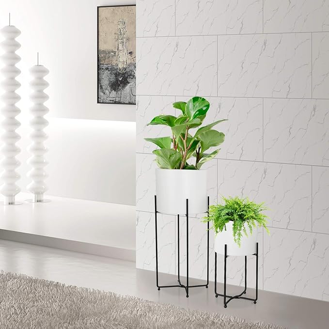 Sinolodo Mid Century Planter with Gold Plant Stand, 3 pcs Modern Planters for Indoor Plants, Metal Floor Planter Set with Foldable Stand(Pack of 3) (White Pot Black Stand, 9''+8''+7'')