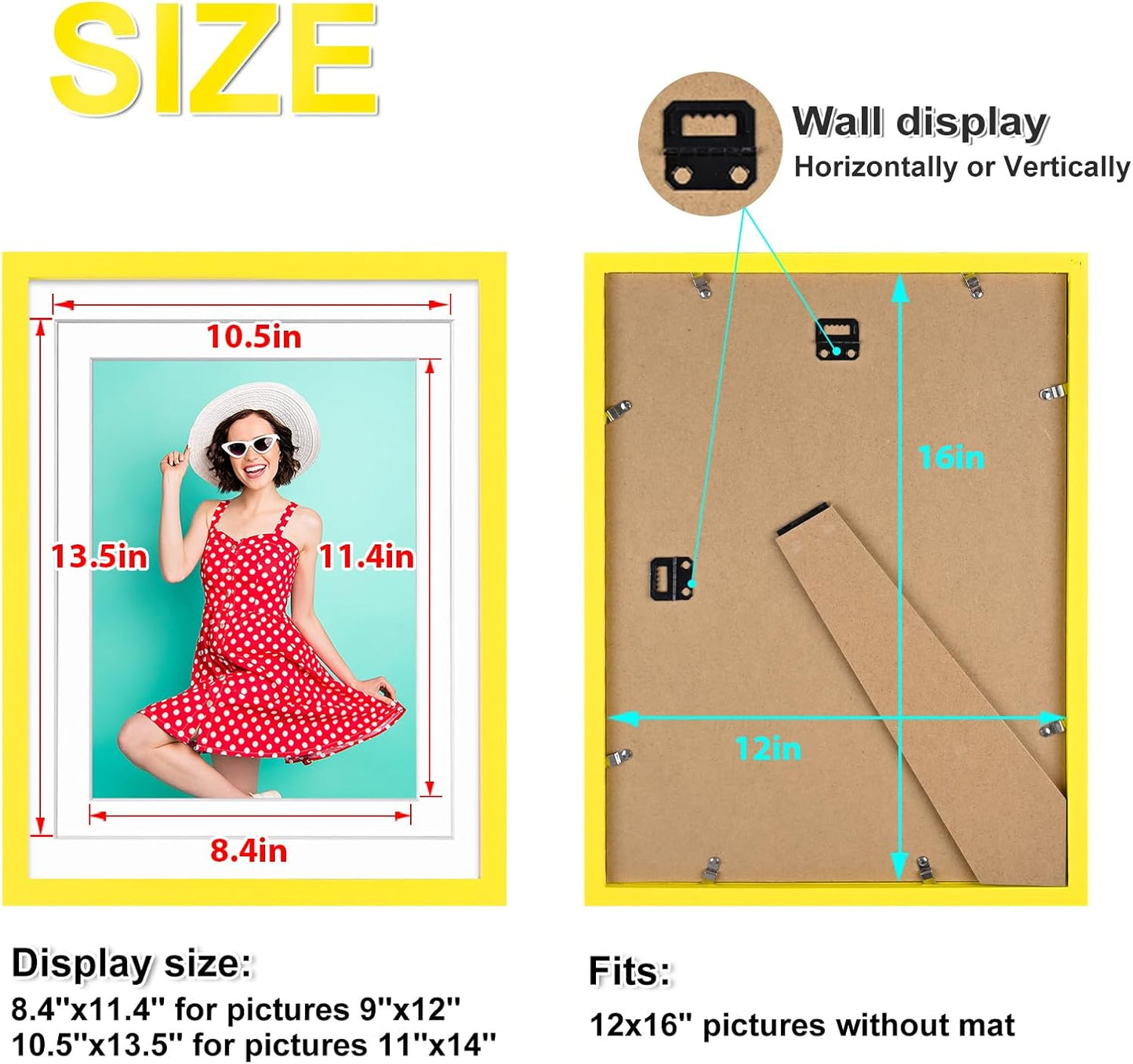 KINLINK 12x16 Picture Frame Yellow, Solid Wood Frames with Acrylic Plexiglass for Pictures 11x14/9x12 with Mat or 12x16 without Mat,Wall Display Photo Frame, Set of 4