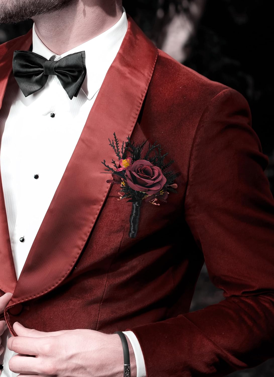 Corsage and Boutonniere Set - Black Wristlet for Men Prom Dark Wrist Corsage for Goth Wedding Ceremony