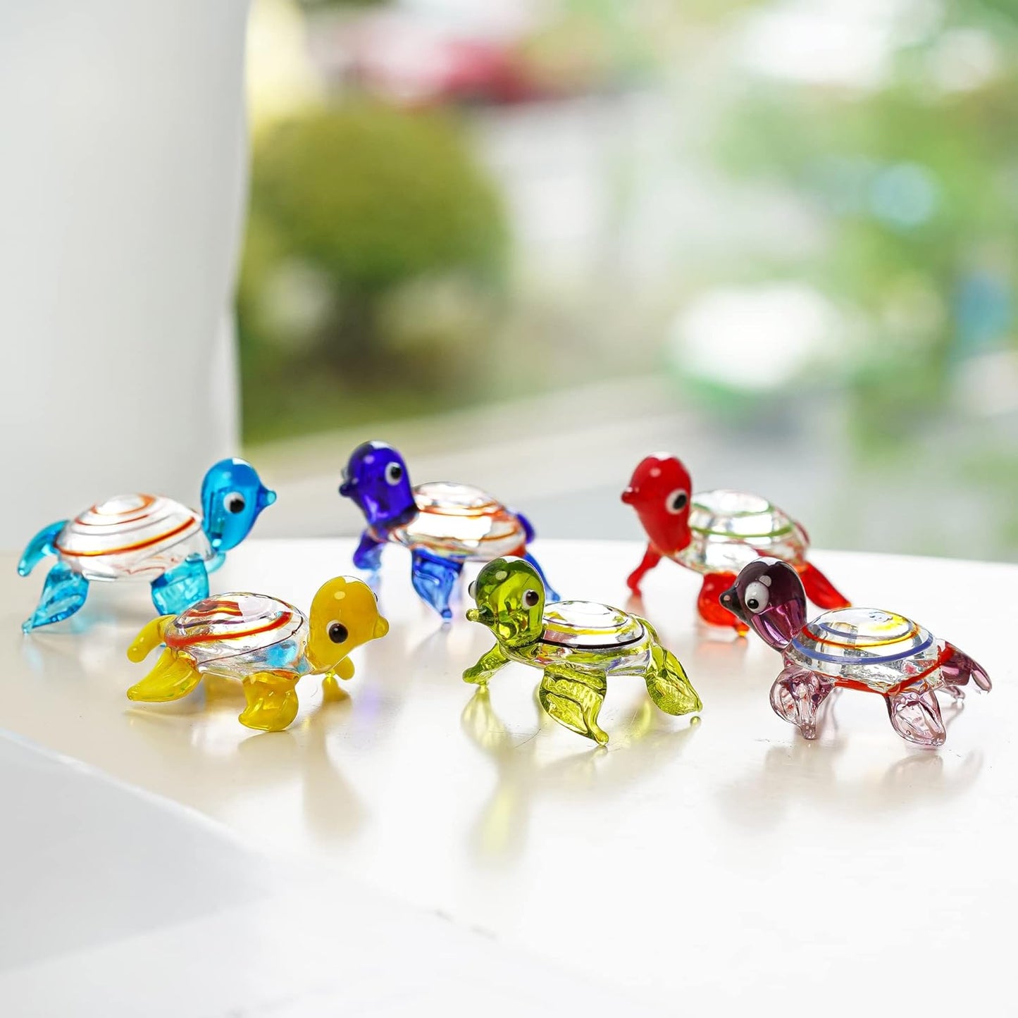 HDCRYSTALGIFTS Set of 6 Handmade Mini Sea Turtle Figurines Hand Blown Sea Animal Collectibles Ornament Art Glass Miniature Decor