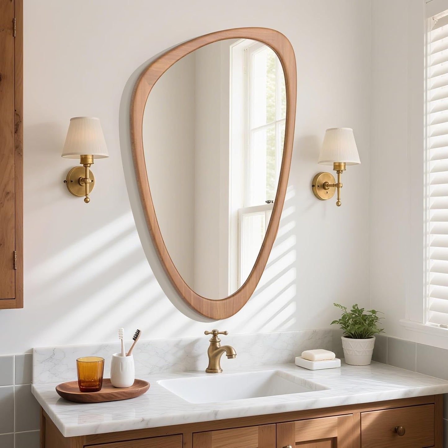 HOMECOOKIN Asymmetrical Mirror, Irregular Wall Mirror, Wall Mirrors Decorative for Bedroom Living Room Entryway Hall, Wood Mirror for mid Century Modern Decor 36" H x 23" W