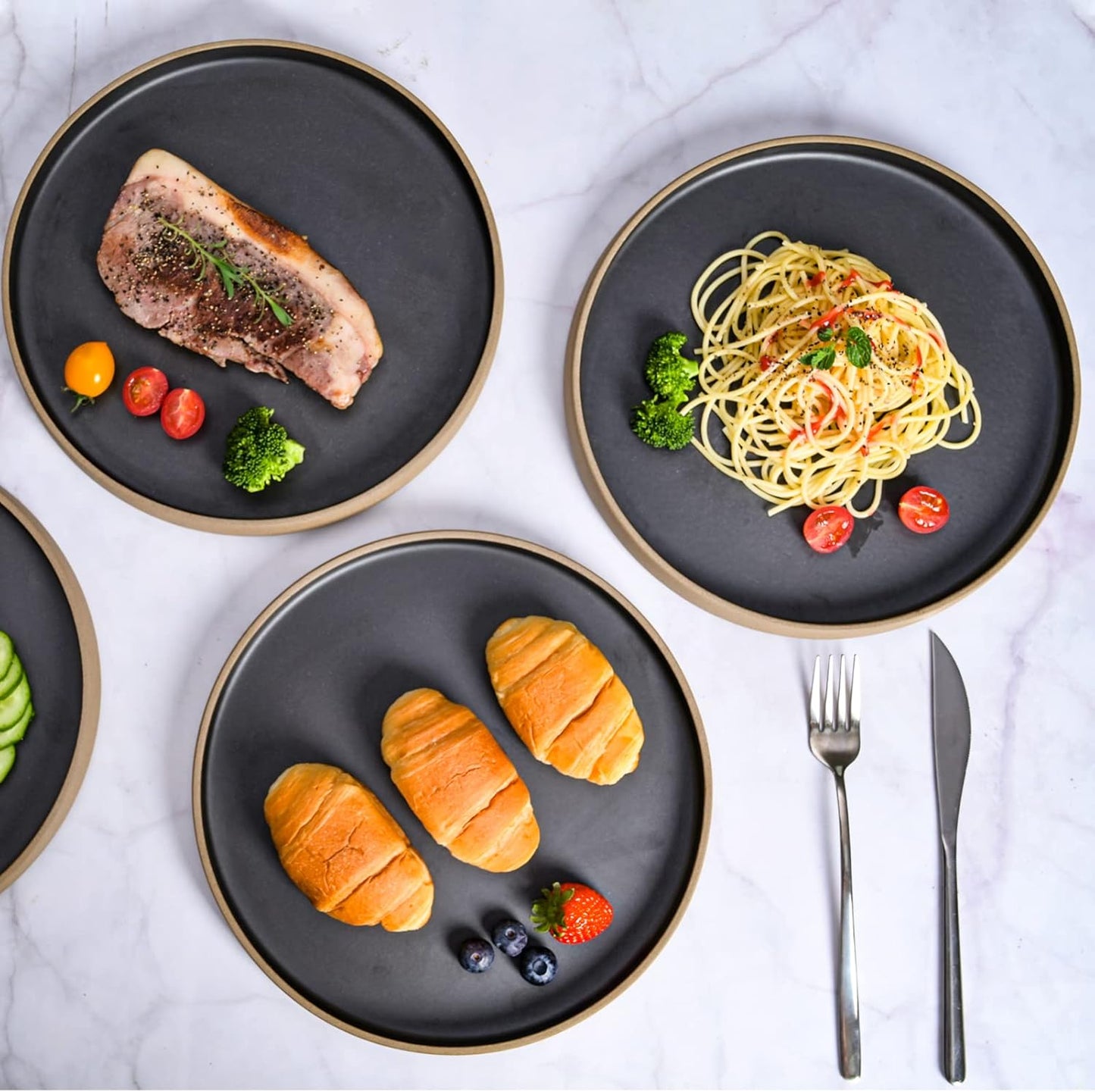 Dinner Ceramic black Plates (set of 4), 10 inch Black Porcelain Plates, Steak dinner plate, Kitchen Porcelain Serving Dishes for Salad, Pasta, Dessert, Microwave, and Dishwasher Safe