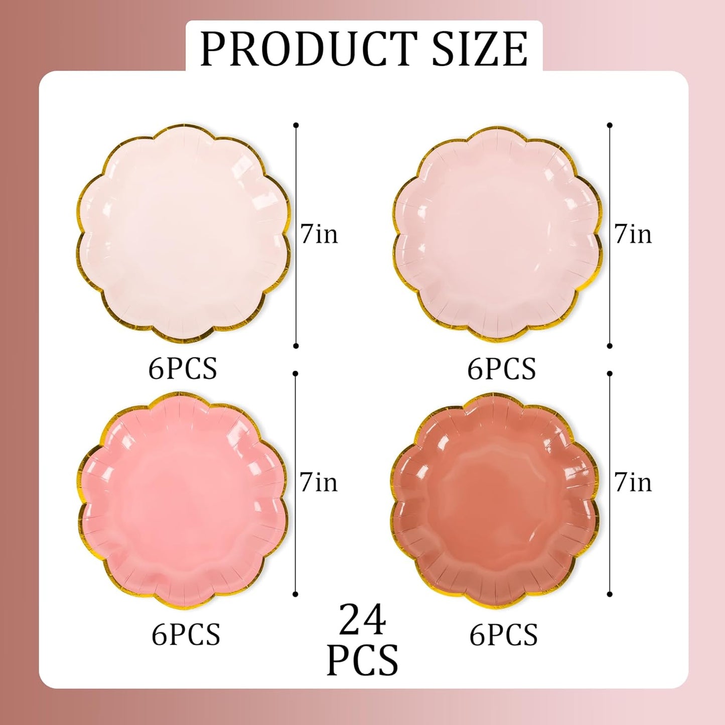 Dusty Pink Gradient Color Dessert Paper Plates 7 inch Gold Foil Scalloped Edge Disposable Cake Plates for Tea Party Birthday Bridal Baby Shower Wedding Party Supplies (24, Dusty Pink)