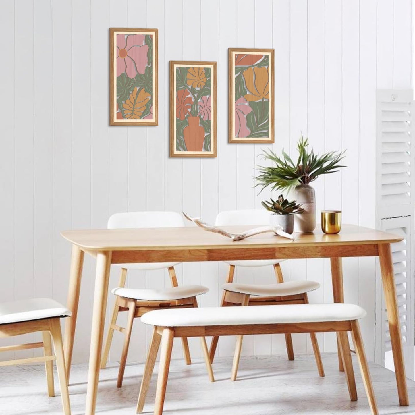 IARTTOP 3 Pcs Boho Flower Market Wall Decor Floral Botanical Modern Wood Wall Art Bohemian Floral Hanging Decor Abstract Minimalist Wooden Art for Living Room Bedroom Office 7.9 x15.8 Inch