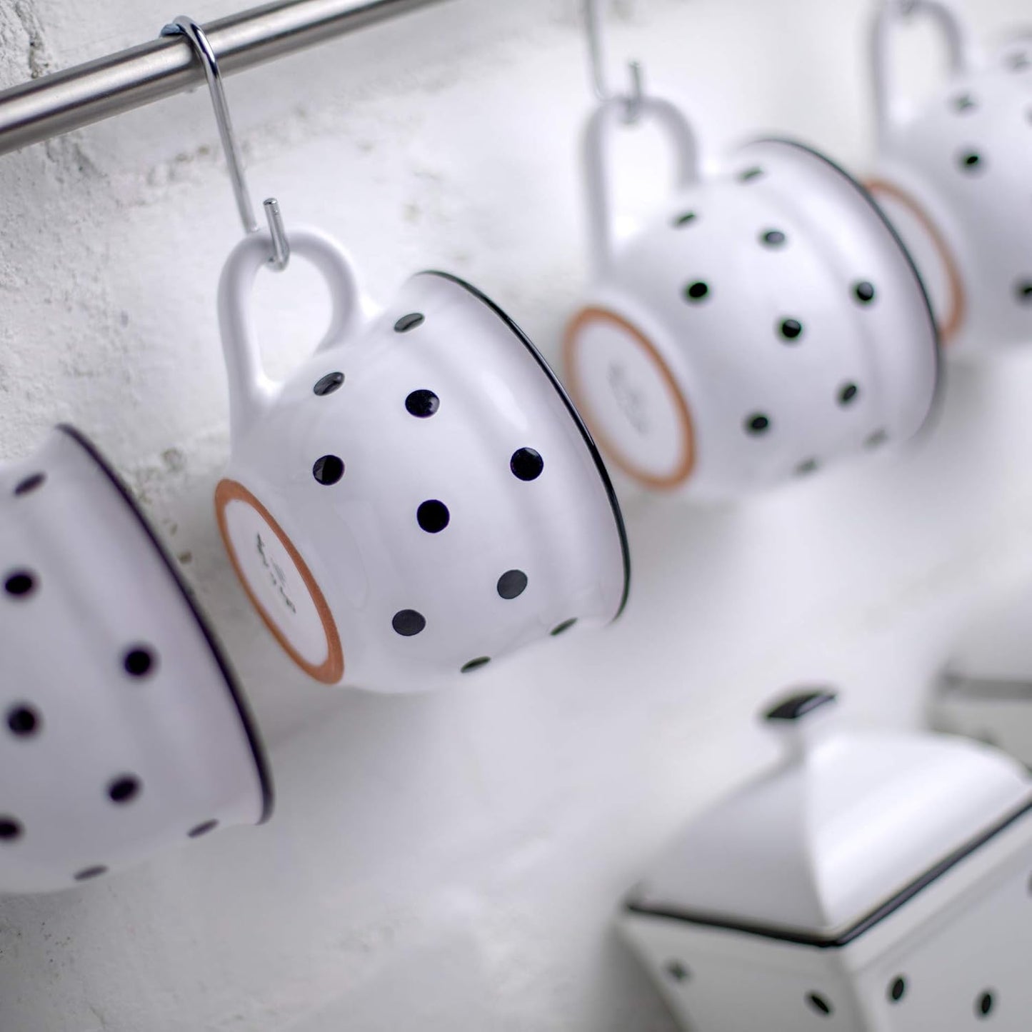 City to Cottage Handmade White And Black Polka Dot Large Ceramic 12oz/350ml Cappuccino Coffee Tea Cup and Saucer, Unique Designer Pottery Gift for Tea Lovers