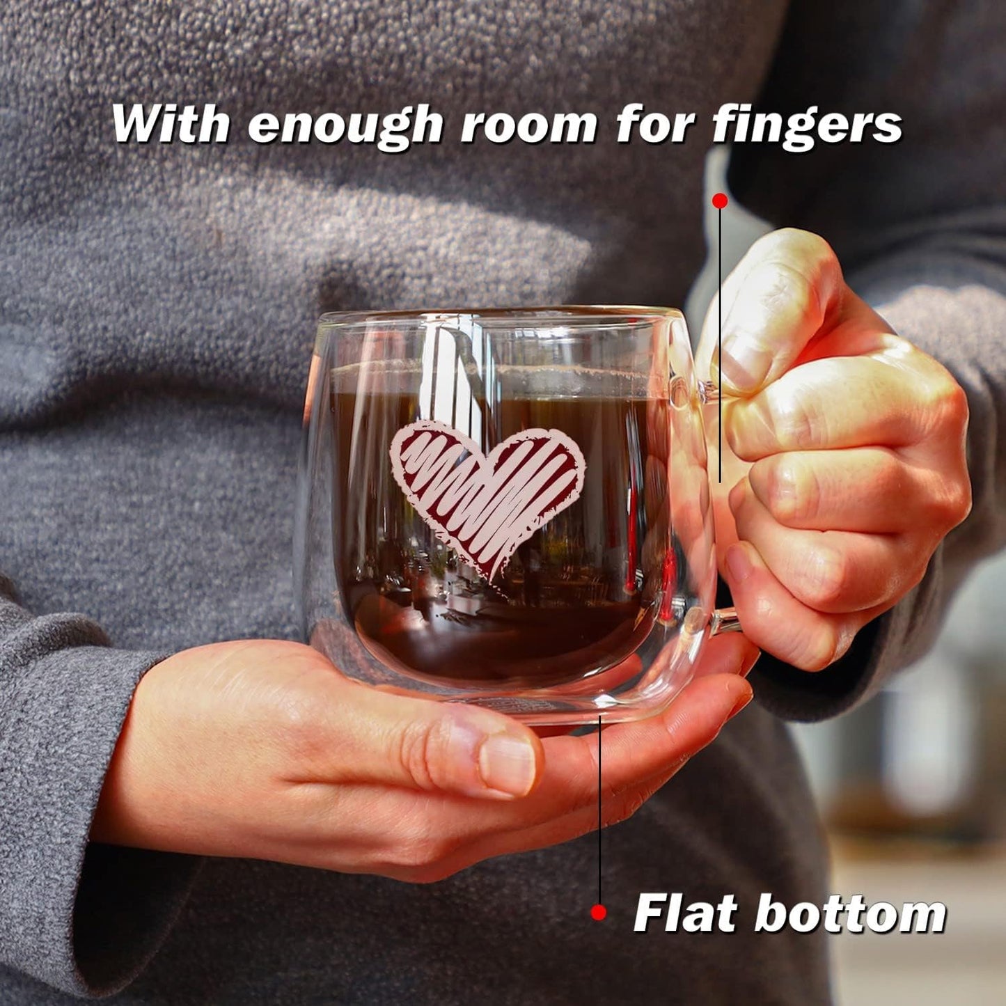 CNGLASS Double Walled Glass Coffee Mugs 10oz,Large Insulated Espresso Cups,Set of 2 Clear Glasses Cappuccino Mug with Handle(Tea Latte Glassware)