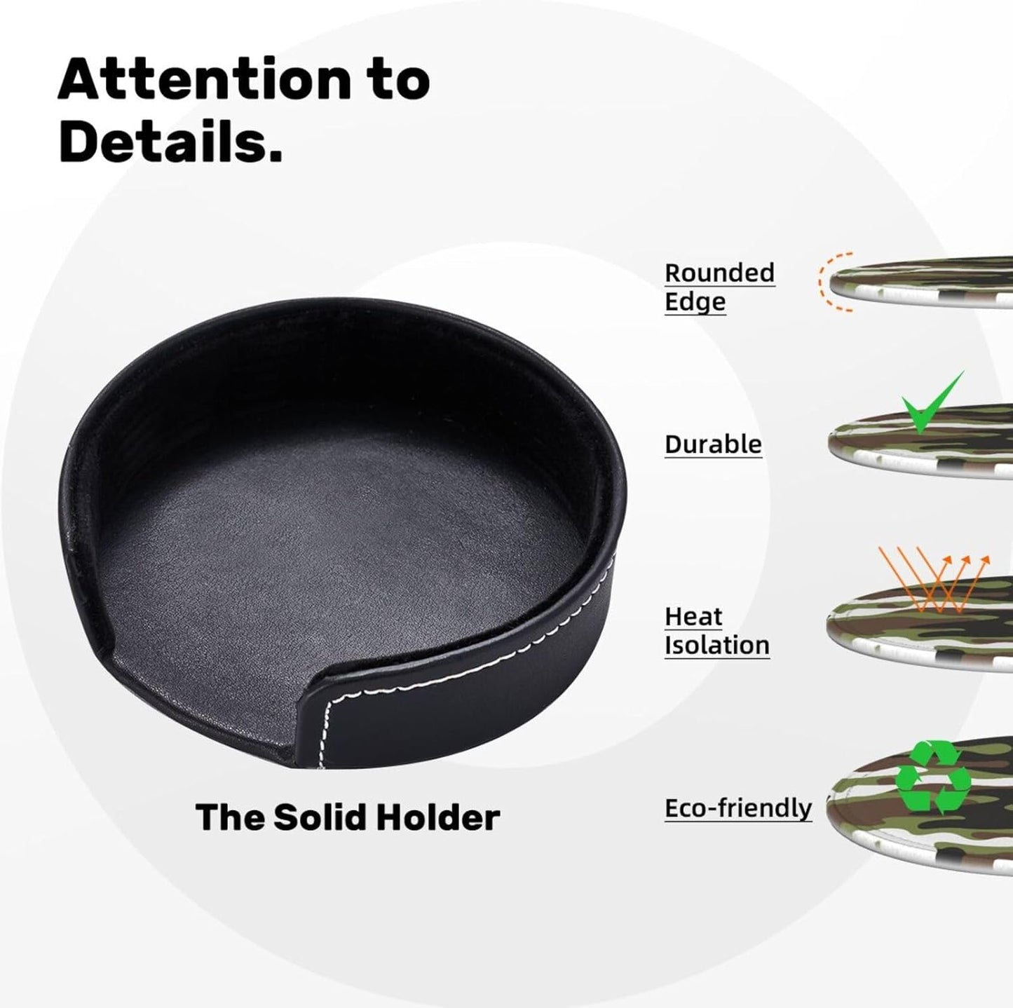 Drink Coasters with Holder Stand Set of 6, Camouflage Pu Leather Absorbent Coasters with Cork Base Table Round Coaster for Housewarming Apartment Kitchen Bar Decor