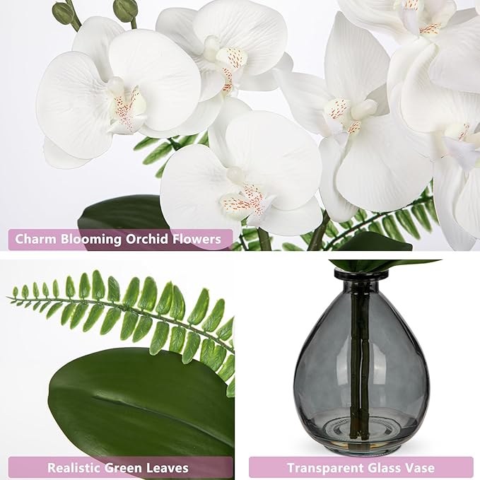 White Orchids Artificial Flowers, Faux Orchid in Glass Vase Real Touch Small Phalaenopsis Orchid Flowers Arrangements with Black Vase Orchid Centerpiece for Dining Room Table