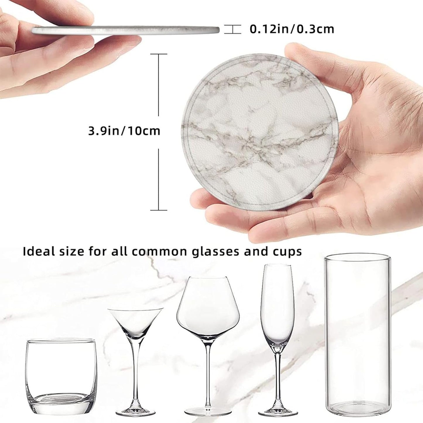 Drink Coasters with Holder Stand Set of 6, White Marble Texture Pu Leather Absorbent Coasters with Cork Base Table Round Coaster for Housewarming Apartment Kitchen Bar Decor