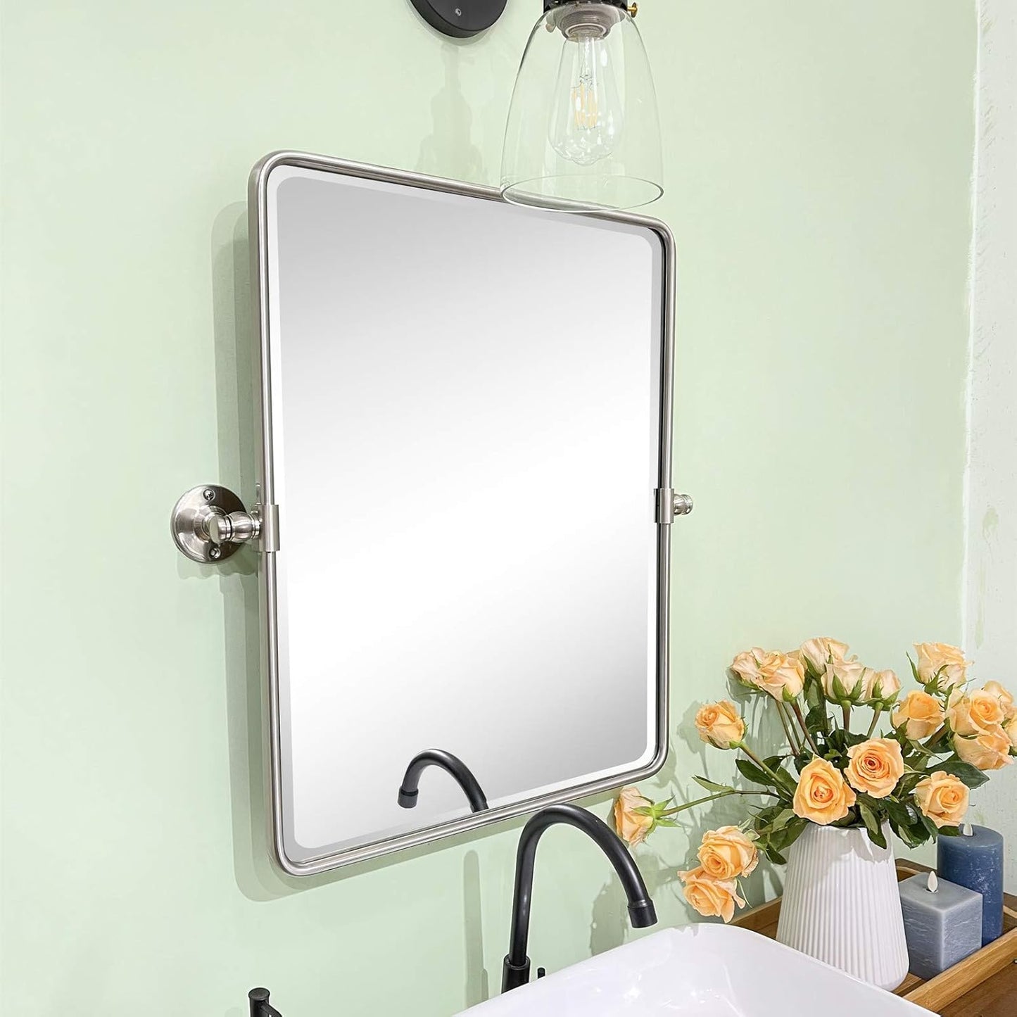 Farmhouse Nickel Metal Framed Pivot Rectangle Bathroom Mirror Rounded Rectangluar Tilting Beveled Vanity Mirrors for Wall, Overall 22.91 x 24 inches (Mirrror 19 x 24 inches)