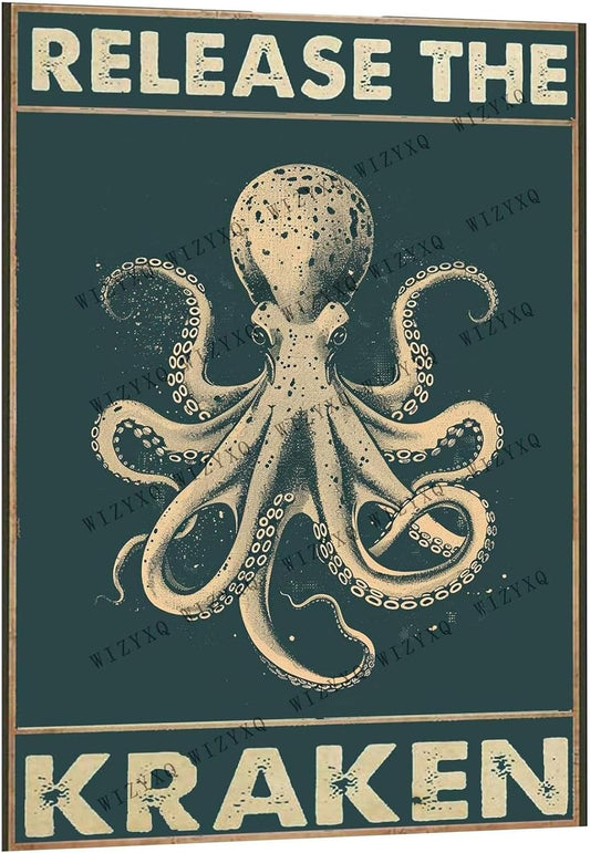 Metal Signs Release The Kraken Vintage Octopus Tin Sign for Home Office Kitchen Bar Cafe Garden Wall Decor 12x8 Inch