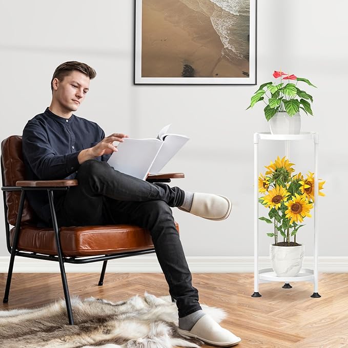 KMOTASUO 2 Tier Plant Stand Indoor for Large Tall Heavy Duty Planter, Multiple Sturdy Metal Flower Corner Rack for Narrow House Floor, Iron Vertical Level Round Orchi Holder Organizer, White