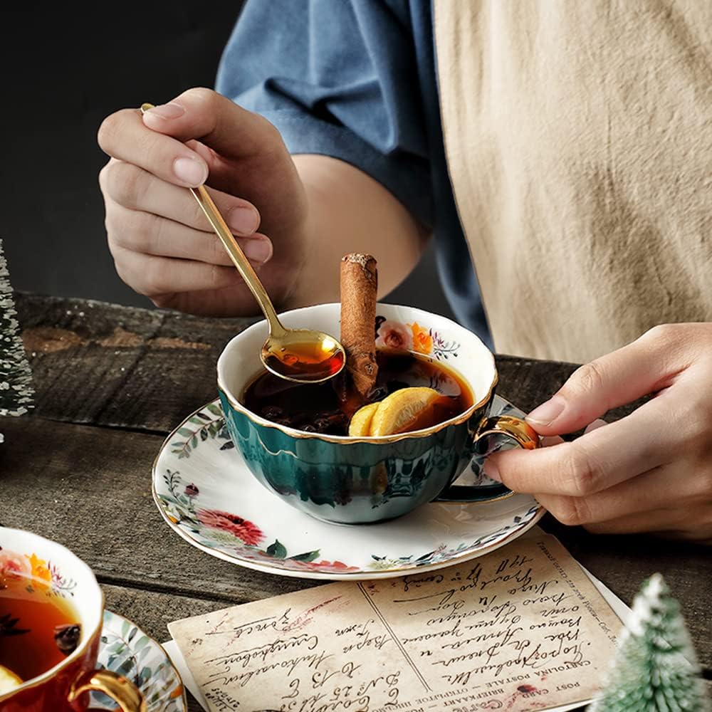 Green Tea Cup and Saucer,Porcelain Coffee Cup Royal Ceramic Floral Lined Design Teacup with Gold Trim and Spoon,8 oz Vintage China Mug Cup for Latte,Cappuccino,Tea Sets Birthday Gift