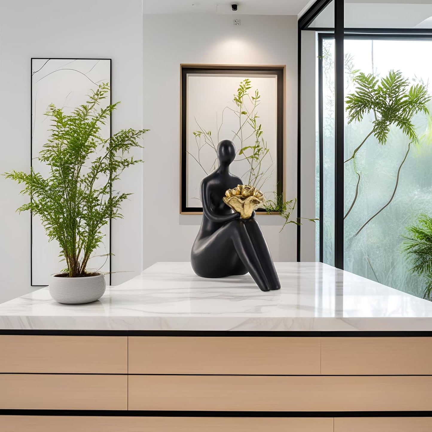 Black Abstract Figure Statue with Golden Flowers, Modern Resin Sculpture, Minimalist Art Figurine for Home or Office Decor, Elegant Gift for Art Enthusiasts